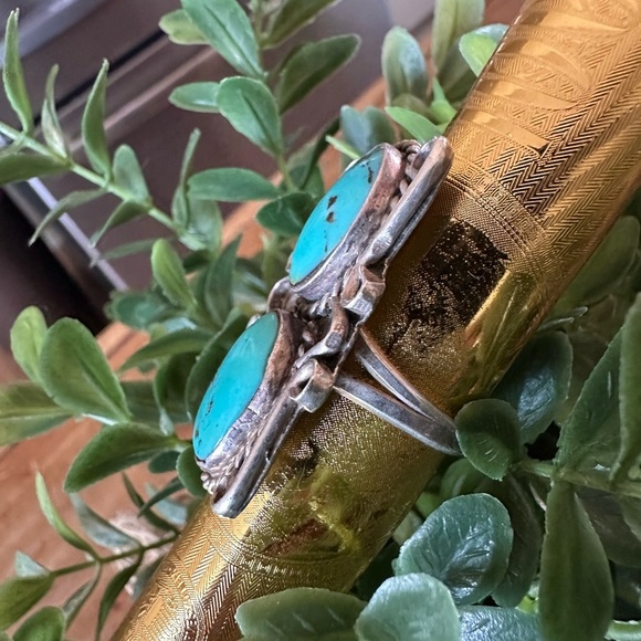 Vintage Sterling Silver Turquoise Double Stone Knuckle Buster Ring NA Size: 8 - Picture 5 of 10